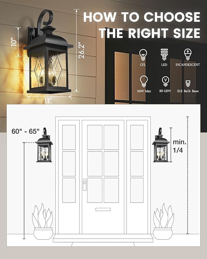 FEMILA 3-Light Outdoor Wall Light, 26" Large Exterior Wall Lantern with Water Ripple Glass, Porch Light for Entryway, Patio, Garage, and Doorway, E12 Base, 4FD54B-L SD BK