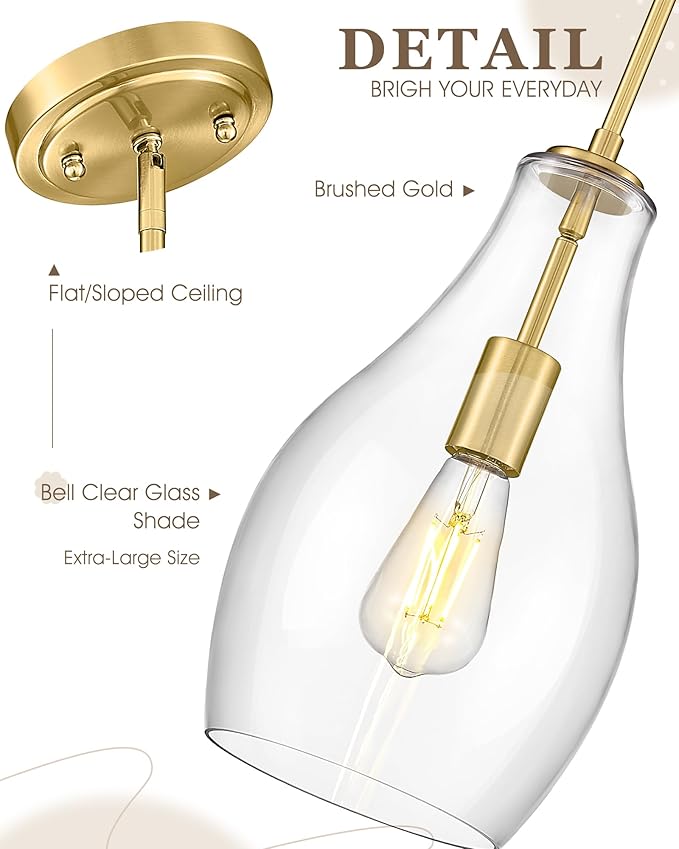 2-Pack Pendant Lights Kitchen Island, 8" Gold Hanging Light Fixtures with Clear Glass Shade, Modern Brass Kitchen Pendant Lighting Over Island for Dining Room, AD-25045-2PB-GD