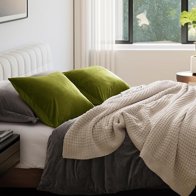 PHF Super Soft Velvet Pillowcases Standard Size, No Insert, 2 Pack Luxury Cozy Warm Pillow Shams Covers with Envelope Closure, 20" X 26" Cozy Fuzzy Flannel Pillow Case, Olive Green