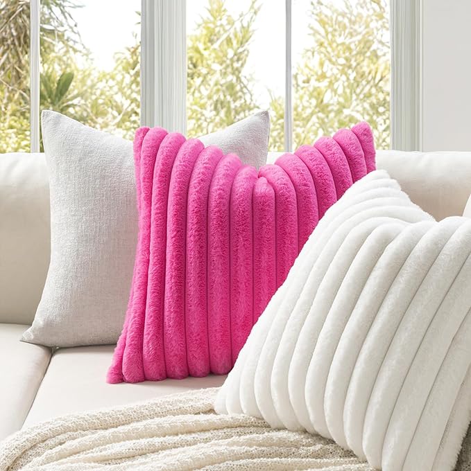 MIULEE Faux Fur Decorative Throw Pillow Covers 16x16 Inch Set of 2, Retro Vintage Boho Home Decor Soft Plush Couch Pillows Cozy Fluffy Cushion Covers for Sofa Bed Hot Pink