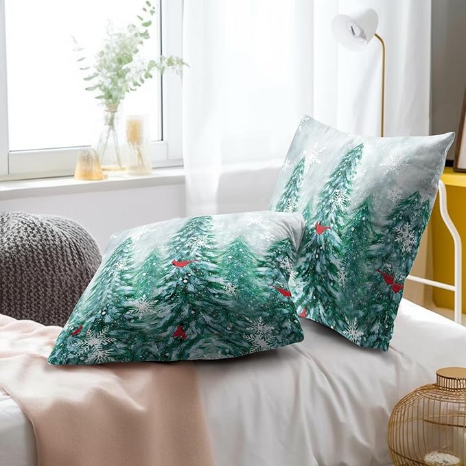 Winter Christmas Trees Pillow Cover 20x20 Inch Set of 2, Rustic Christmas Snowy Pine Forest Birds Decorative Pillow Square Cushion Case for Sofa Couch Outdoor Home Decor