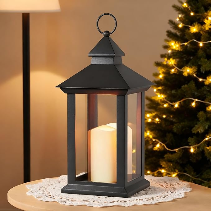 Christmas Lanterns Decorative Indoor, 14" Battery-Powered Waterproof Black LED Candle Lanterns with Timer for Patio & Outdoor, Vintage Hanging Lantern for Xmas Home Decorations, Transparent