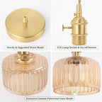 Pendant Light with Amber Striped Glass Lmapshade, Brass Vintage Pendant Light Adjustable Hanging Light for Kitchen Island Dining Room Hallway