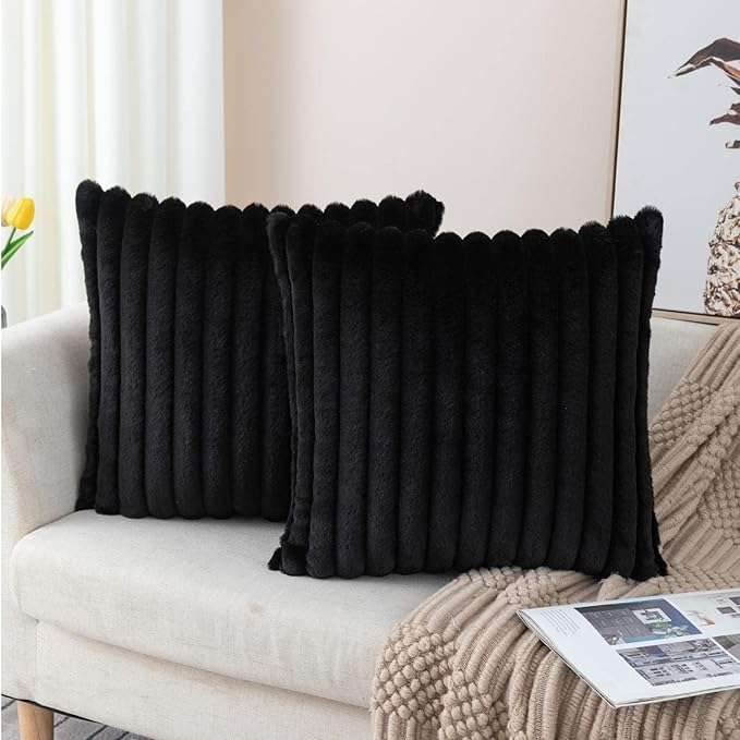 ZLINA Set of 2 Black Faux Fur Decorative Throw Pillow Covers Fluffy Striped Pillowcase Cushion Covers 24 x 24 Inch Decor Sofa Couch Bedroom