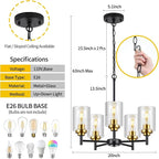 9MMML 5 Lights Glass Chandelier,Modern Kitchen Island Lighting Black and Gold Metal Dining Room Light Fixture for Living Room Foyer,E26