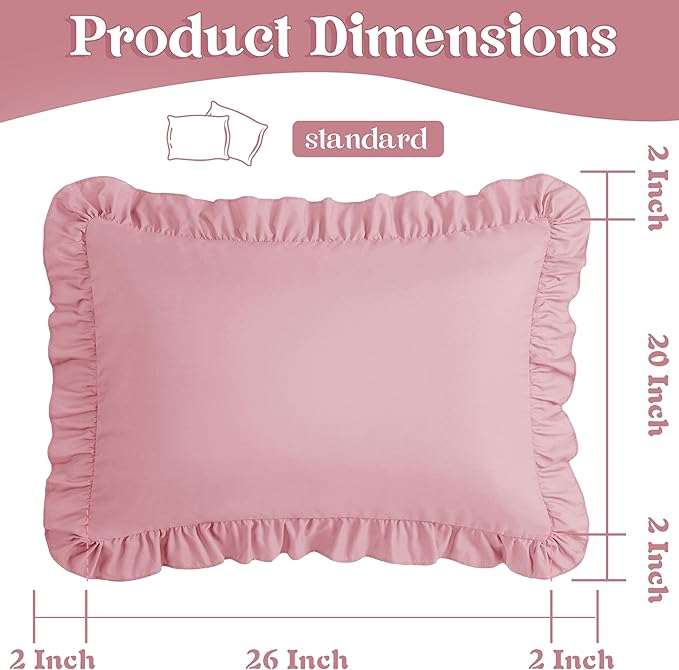 KKJIAF Ruffle Pillow Cases Standard Size Set of 2, Ruffled Pillow Covers with Envelope Closure, Wrinkle Resistant Pillowcases 20" x 26", Ruffled Pillow Shams, Light Pink