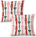 JINYO Retro Red and Green Christmas Ribbon Bow Pillow Covers 18x18, Coquette Christmas Decor, Preppy Red Green and Pink Xmas Throw Pillow Covers for Home Living Room Bedroom Set of 2