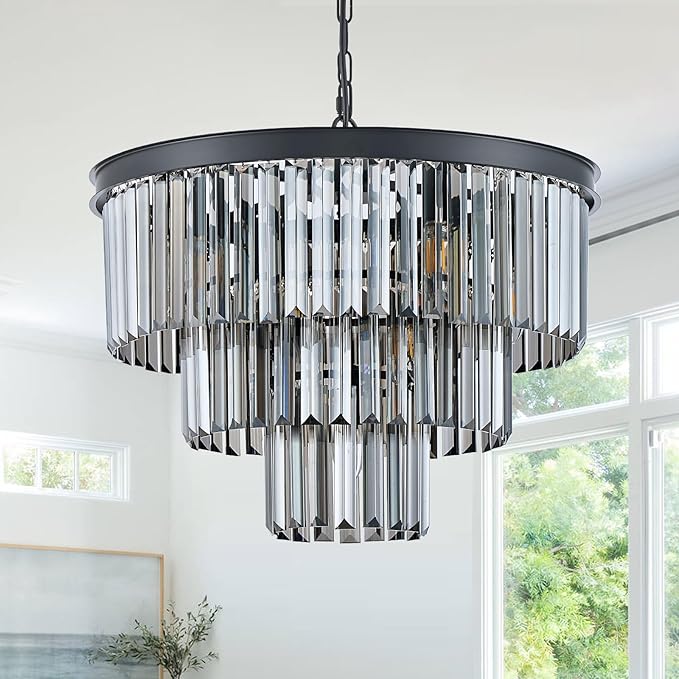 Modern Smoke Gray Crystal Chandeliers, Black 20” Round Chandelier 3 Tiers 7 Lights Luxury K9 Crystal Ceiling Pendant Light Fixture for Dining Room Foyer Bedroom Closet