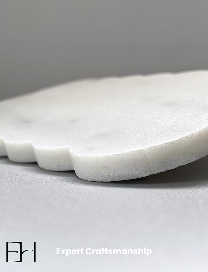 Natural Marble Tray, 12 x 6 inches Serving Board, Bathroom Organizers and Storage, Scallop Stone Present for Home Kitchen Vanity Countertop Decor (Marble, White)