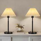 Bedside Table Lamp Set of 2: Dimmable Nightstand Bedside Lamps with USB A and C Ports, Modern Metal and Pleated Fabric Shade Black Desk Lamp for Bedroom Living Room Home Office Reading