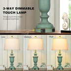 25.6" Farmhouse Table Lamps Set of 2 with USB C+A Ports & AC Outlet for Rustic Living Room Retro Bedroom,3-Way Dimmable Touch Lamp Bedside Lamps for Nightstand Side End Table,Retro Green