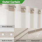 Long No Hooks Needed Linen Textured Shower Curtain with Snap-in Fabric Liner Set,Cream Hotel Luxury Decor Shower Curtains for Bathroom,Waterproof & Washable,71Wx80H