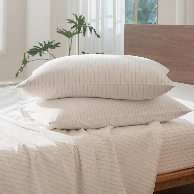 MooMee Striped Duvet Cover Set 100% Washed Cotton Linen Like Textured Breathable Durable Soft Comfy (White Almond Milk Grey Wide Stripes, Twin 68"x90")