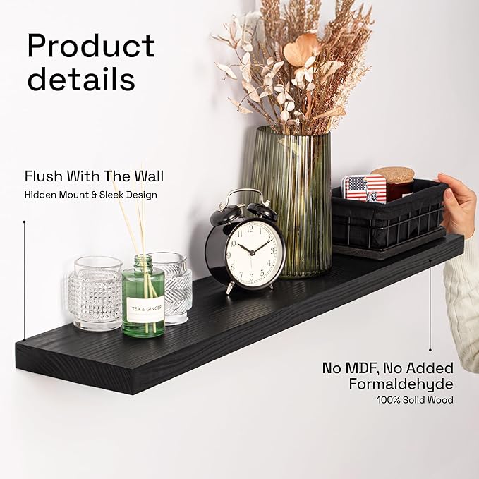 BAOBAB WORKSHOP Wood Floating Shelves for Wall 36 Inches Long - Heavy Duty Wall Shelf for Bedroom, Solid Wooden Bathroom Shelves Large 36 Inch Kitchen Farmhouse - Black Shelf, 36W × 6.7D, Set of 2