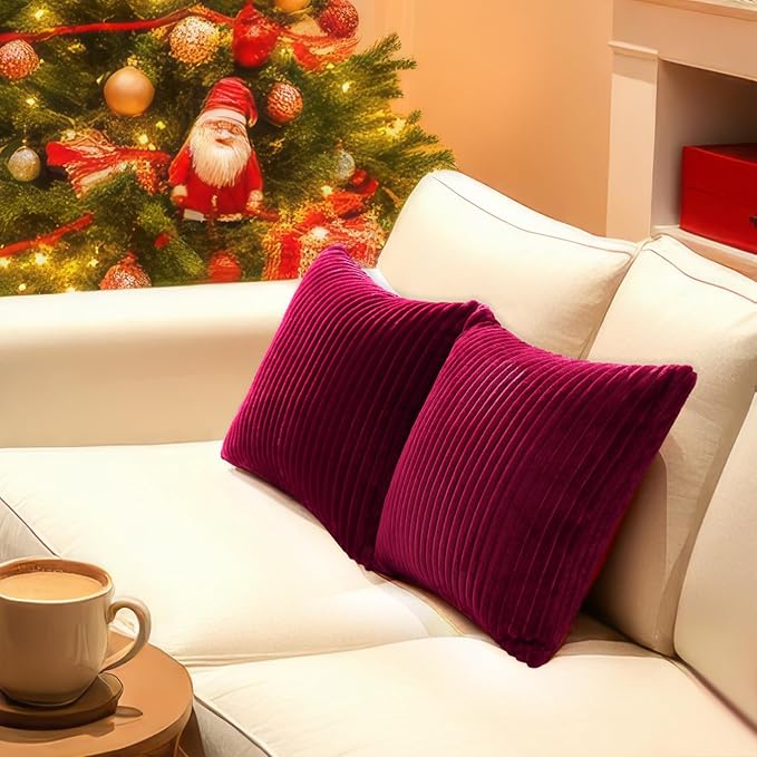 Simmore Decorative Fall Throw Pillow Covers 20x20 Set of 2, Soft Natural Plush Flannel Double-Sided Fluffy Couch Pillow Covers for Sofa Living Room, Burgundy