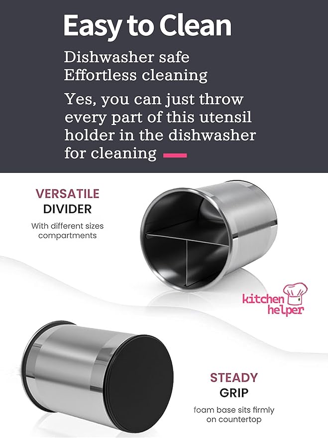 TENGINE Stainless Utensil Holder 360° Rotating 6.5X5.25 Inch Utensil Crocks for Kitchen Counter with Removable Divider White