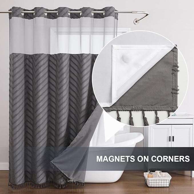 No Hook Shower Curtain Liner Set, Snap in Hookless Shower Curtain with Tassels, Ringless Chevron Tufted Fabric Boho Bathroom Curtains, Mesh Top Window Hotel Style Bath Curtains 74" x 71", Grey