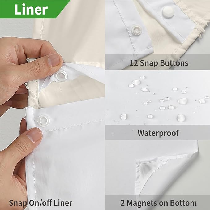 No Hook Shower Curtain and Liner Set,No Hook Tufted Striped Textured Shower Curtain with Snap in Liner Replacement,Boho Style with See Through Top Window,White, Beige/Cream, 71Wx80H
