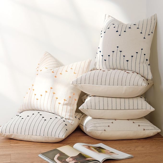 YCOLL Boho Throw Pillow Covers 20x20 Set of 2 Neutral Woven Decorative Pillowcases Cotton Tufted Couch Pillows Modern Farmhouse Accent Cushion Covers for Sofa Couch Bed Living Room Home Decor, Brown