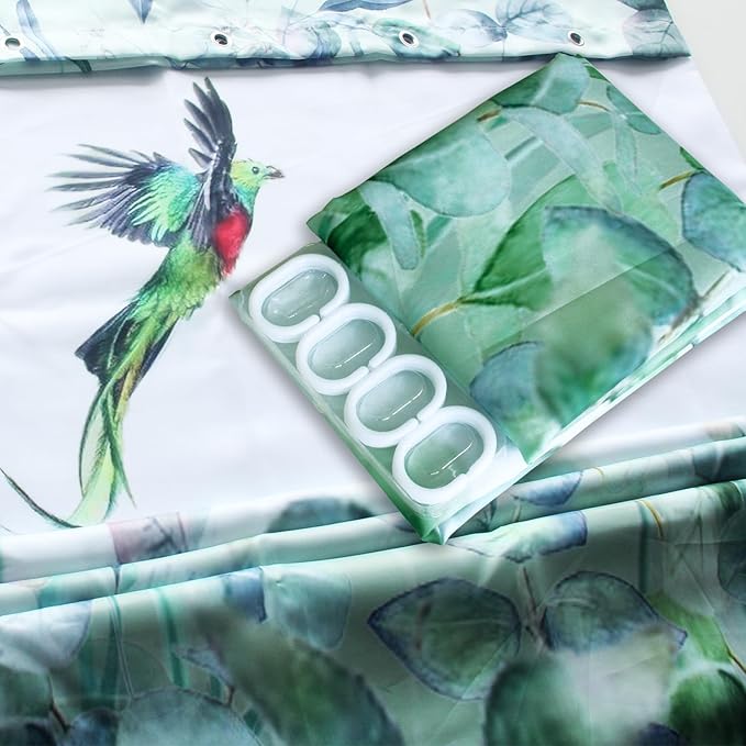 Green Leaf Shower Curtain, Emerald Bird Mint Green 72 “W x 72” L with 12 Hooks, Weighted Hem Bathroom Shower Curtain, Hummingbird Shower Curtains Water Resistant