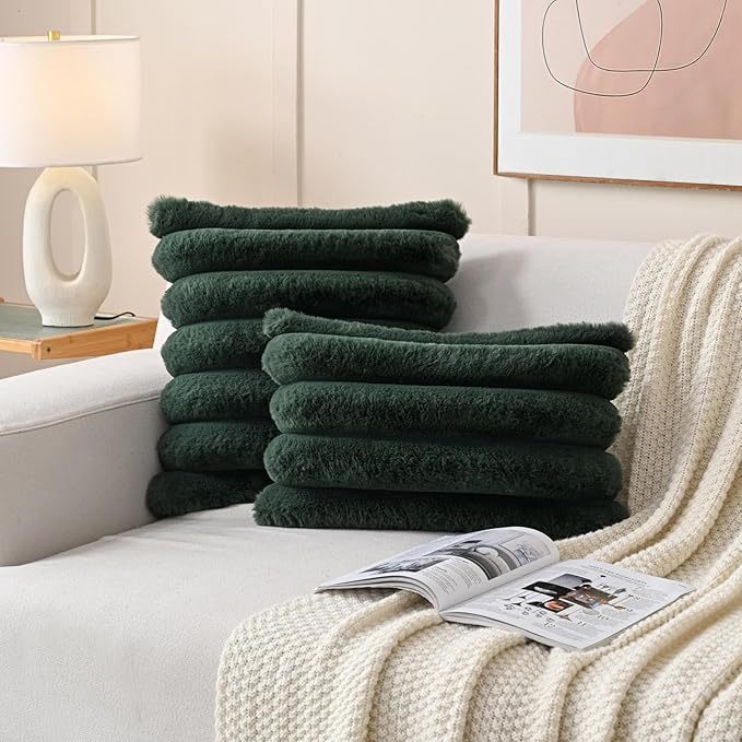 FUTEI Dark Green Decorative Throw Pillow Covers 18x18 Inch Set of 2, Square Soft Faux Rabbit Fur Big Striped Cushion Cover,Home Decor for Couch Sofa Bed Living Room