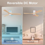 Smart 52” Wood Flush Mount Ceiling Fans with Lights and Remote,Quiet DC Motor,Outdoor Indoor Ultra Low Profile Ceiling Fan works with Alexa WIFI APP,Modern White Ceiling Fan for Bedroom Patio