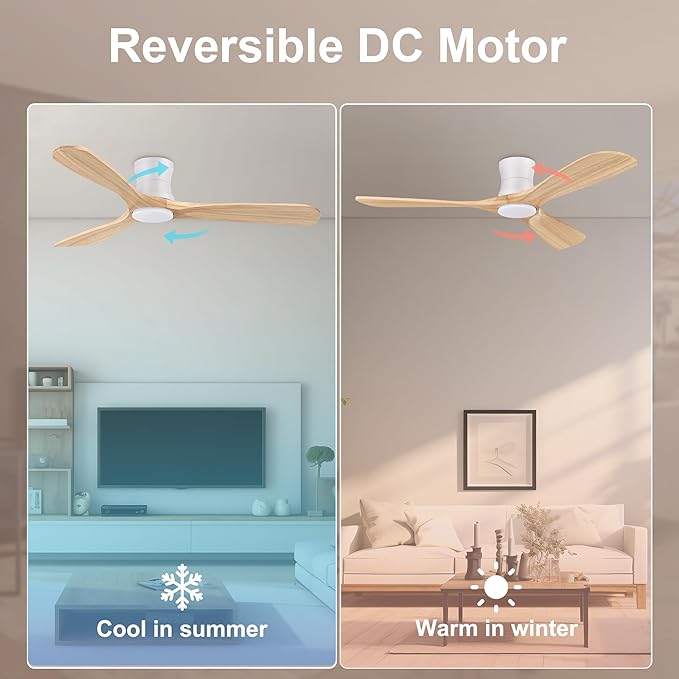 Smart 52” Wood Flush Mount Ceiling Fans with Lights and Remote,Quiet DC Motor,Outdoor Indoor Ultra Low Profile Ceiling Fan works with Alexa WIFI APP,Modern White Ceiling Fan for Bedroom Patio