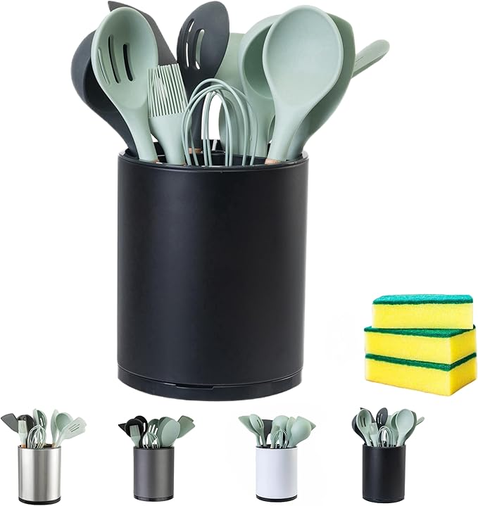 Utensil Holder,4-in-1 Large Kitchen Utensil Holder For Counter,Rotating Silverware Organizer Cooking Flatware Spoon Spatula Tool Cutlery Container Stainless Steel Caddy