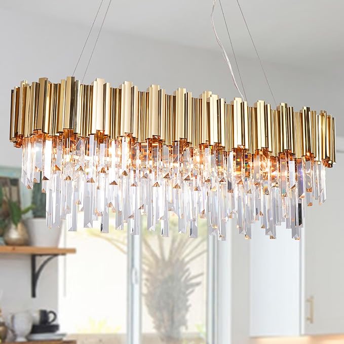 L35.4 Linear Crystal Chandelier Modern Luxury Gold Rectangle Chandeliers for Dining Room Contemporary Oval Raindrop Pendant Ceiling Light Fixture for Kitchen Island Entryway 10 Lights