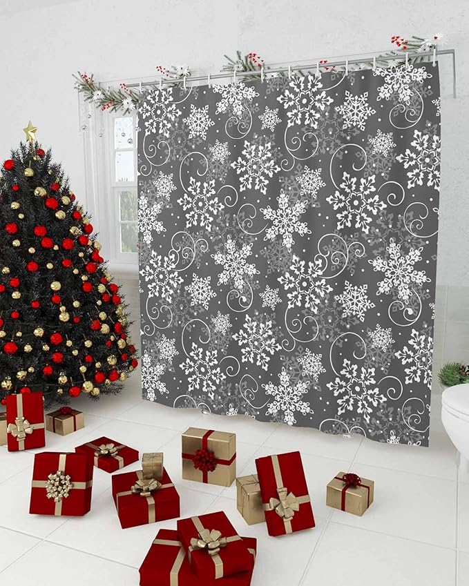 Vandarllin Christmas Shower Curtain, Grey White Snowflakes Pattern Shower Curtains Set with Hooks, Winter Waterproof Fabric Bathroom Curtains Decor Home Accessories, Stall Long 36 X 78 Inch