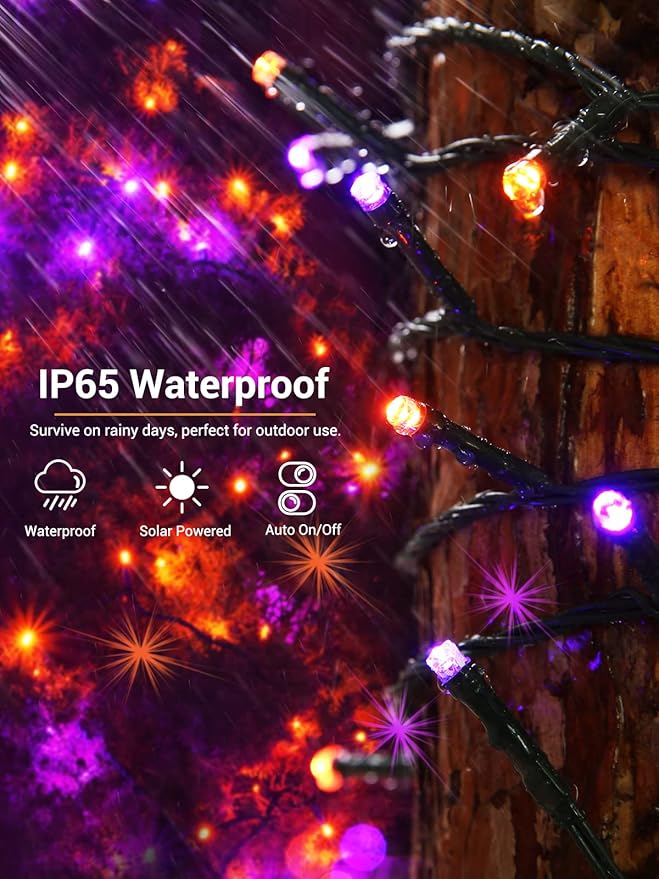 Flacchi 2 Pack Solar Halloween Lights Total 144ft 400 LED 8 Modes Outdoor String Lights Waterproof Solar Fairy Lights for Garden, Patio, Fence, Balcony, Outdoors,Holiday Decoration (Orange & Purple)