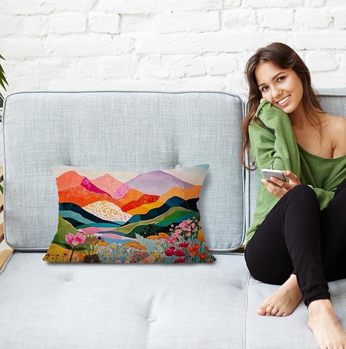 JINYO Abstract Mountain Pillow Covers 12x20 inch,Abstract Mountain Floral Pillow Cover Watercolor Landscape Decorative Pillow Covers for Home Bedroom Living Room Office Decor, Vintage Western Decor