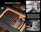 Steak Knives Set of 8 with Drawer Organizer Built-in Sharpener, 4.6 Inch Non Serrated Dinner Knife, Forged German Steel Damascus Pattern Straight Edge Meat Knife with Full Tang Handle, Black