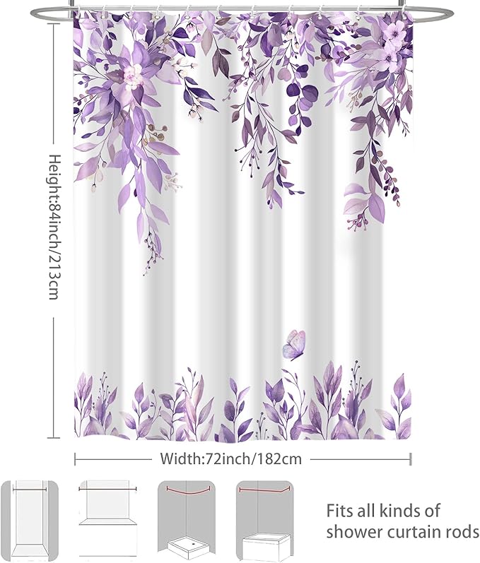 Eucalyptus Shower Curtain, Purple Watercolor Leaves with Floral Botanical Bathroom Decor, Waterproof Fabric Bath Curtain Set with Hooks, 72x84 Inches