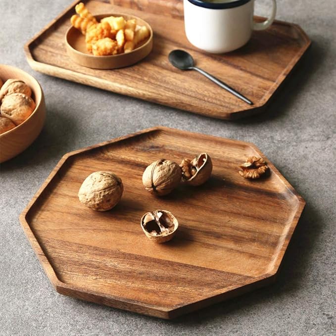 Set of 2 Acacia Wood Charcuterie Boards Round Wooden Serving Tray Fruit Platter Decor Trays Serving Ware Food Dish Serving Platters Cheese Board Square Party Trays Charger Plate Hosting Essentials