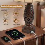 Bedside Lamps Set of 2-23.5" Vintage Table Lamp with USB A+C and Nightlight - Brown Carved Resin Farmhouse Desk Lamp for Bedrooms, End Tables, Living Room, Bulbs Included