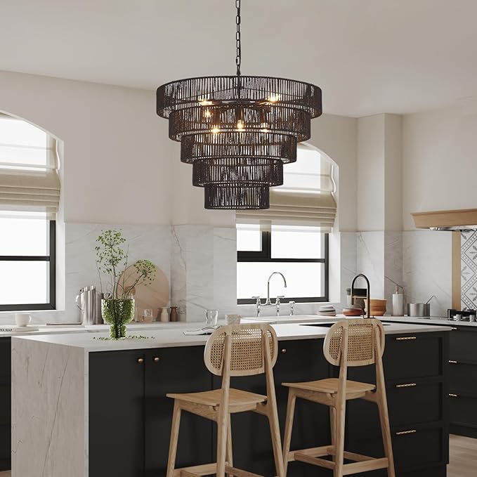25.6" Large Black Rattan Chandelier Farmhouse 8-Lights Boho Hand Woven Bamboo Black Chandeliers Light Fixture Rustic Drum Wicker Chandelier for Dining Room, Kitchen, Living Room, Bedroom, E12