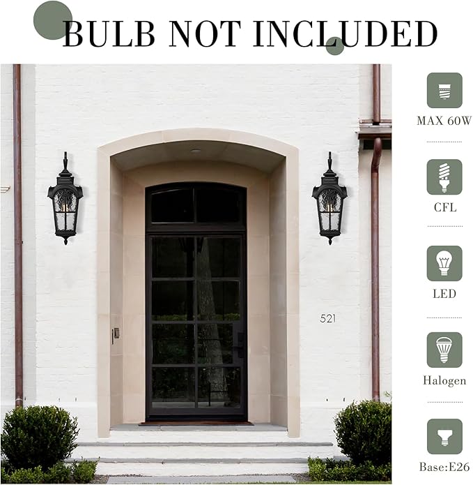Emliviar Farmhouse 25 Inch Outdoor Wall Lantern Sconce, 1-Light Large Patio Wall Light Fixture with Water Grain Glass, Black Finish, WE215BM BK