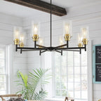 Black Chandeliers for Dining Room, Farmhouse Chandeliers 8 Light Dining Room Light Fixture with Clear Glass Shades Gold Pendant Lighting for Kitchen Island Living Room Entryway Staircase