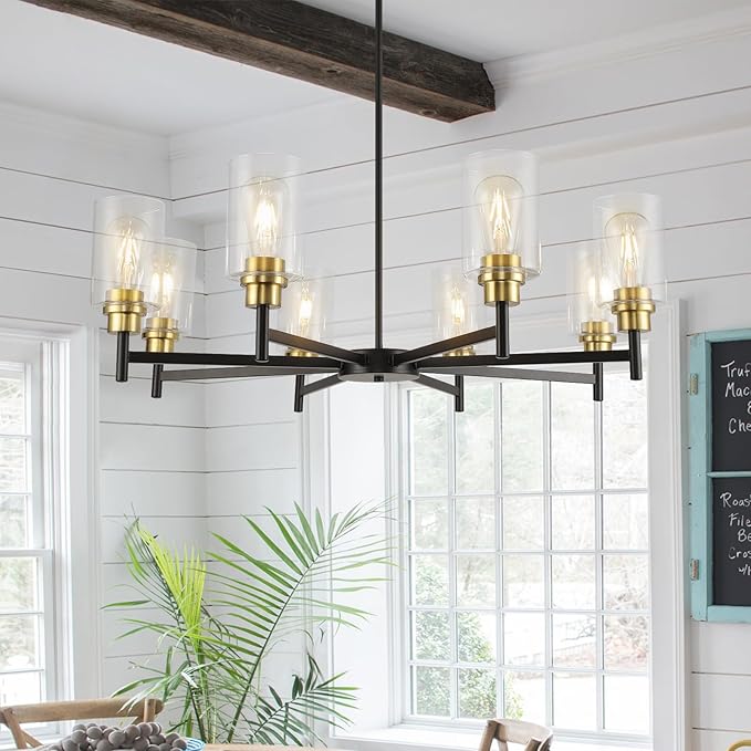 Black Chandeliers for Dining Room, Farmhouse Chandeliers 8 Light Dining Room Light Fixture with Clear Glass Shades Gold Pendant Lighting for Kitchen Island Living Room Entryway Staircase