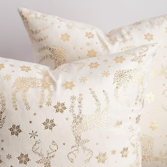 Topfinel Christmas Pillow Covers 12x20 Set of 2,Xmas Cream Velvet Snowflake Reindeer Decorative Pillow Case Winter Holiday Decor for Home Couch,White and Gold