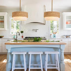 15in Boho Coastal Pendant Lights, 15in Woven Rattan Lighting Fixture, 2-Tier Rope Chandelier with Fabric Shade for Kitchen Island, Living Room, Dining Room, Bedroom, Restaurant