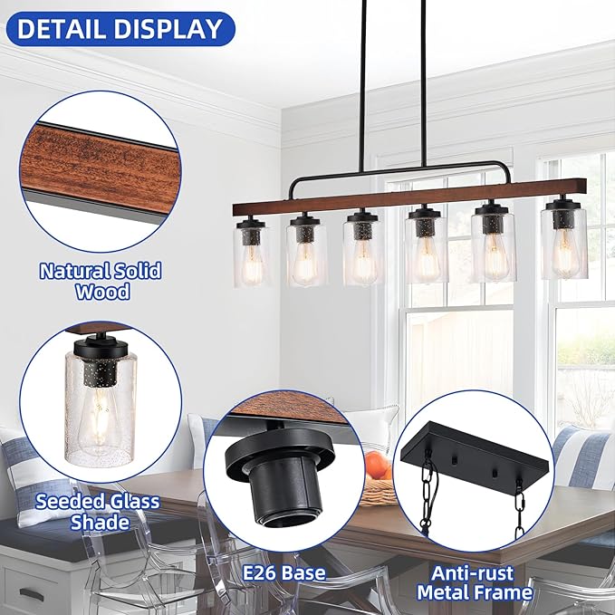 Farmhouse Chandelier 6-Light Dining Room Light Fixture Over Table Kitchen Island Lighting Rustic Chandeliers for Dining Light with Seeded Glass Shade Wood Pendant Lights Kitchen Island