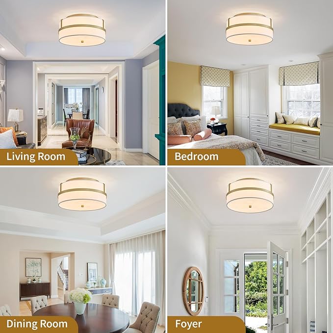 Modern Flushmount Ceiling Light, Chic Style Close to Ceiling Light Fixture for Living Room, Bedroom, Dining Room, Kitchen, D12 x 5.9 in, Drum Shape, White Fabric Lampshade & Gold Finish Frame