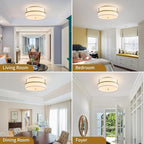 Modern Flushmount Ceiling Light, Chic Style Close to Ceiling Light Fixture for Living Room, Bedroom, Dining Room, Kitchen, D12 x 5.9 in, Drum Shape, White Fabric Lampshade & Gold Finish Frame