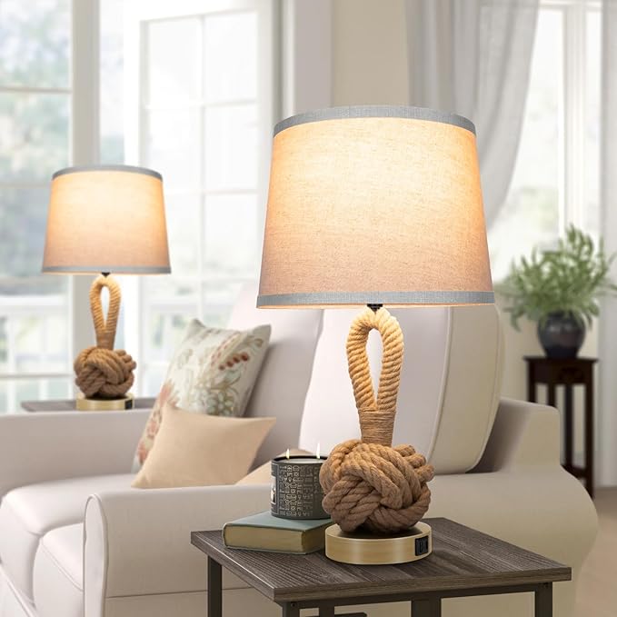 22" Rope Lamps for Night Stands, Bedside Lamps Set of 2, 3-Color Temperatures Boho Lamp with Rotary Switch, Table Lamps for Living Room Bedroom, Rattan Lamp with USB Ports, Bulbs Included