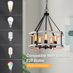 5-Light Farmhouse Chandelier, 17.7 Inch Rustic Black and Vintage Wood Finish Chandeliers for Dining Room Light Fixture, Adjustable Height Hanging Light for Kitchen Island, Entryway, Living Room