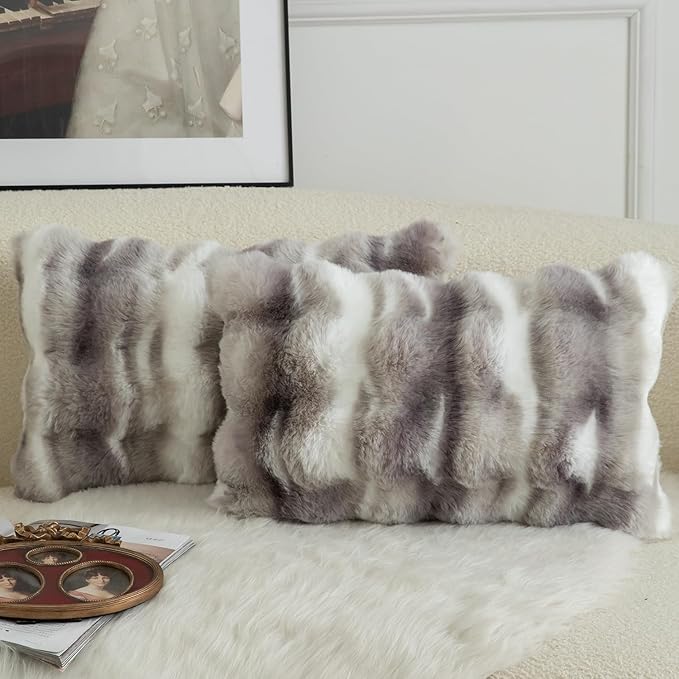 MANDIOO Pack of 2 Thick Plush Wool Decorative Throw Pillow Covers Super Soft Wave Bubble Fur Velvet Cushion Covers Pillow Shams for Couch Bed Living Room 16x24 Inch White Gray