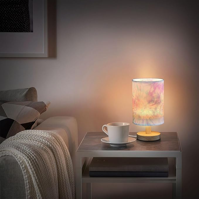 Table Lamp Pastel Pink Tie Dye Swirl Print Nightstand Lamp with Wood Base Fabric Lamp Shade Bedside Desk Lamp for Living Room Bedroom Kids Room Office