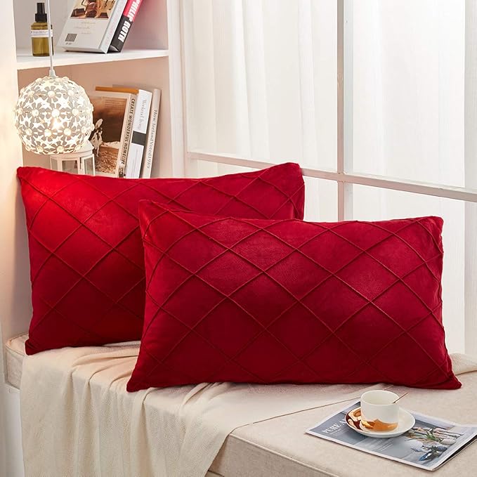 JAUXIO Diamond Pinch Pleated Crystal Velvet Pillowcases 2 Pack Solid Pintuck Throw Cushion Cover for Home Decor Hidden Zipper Closure (Burgundy, Standard)